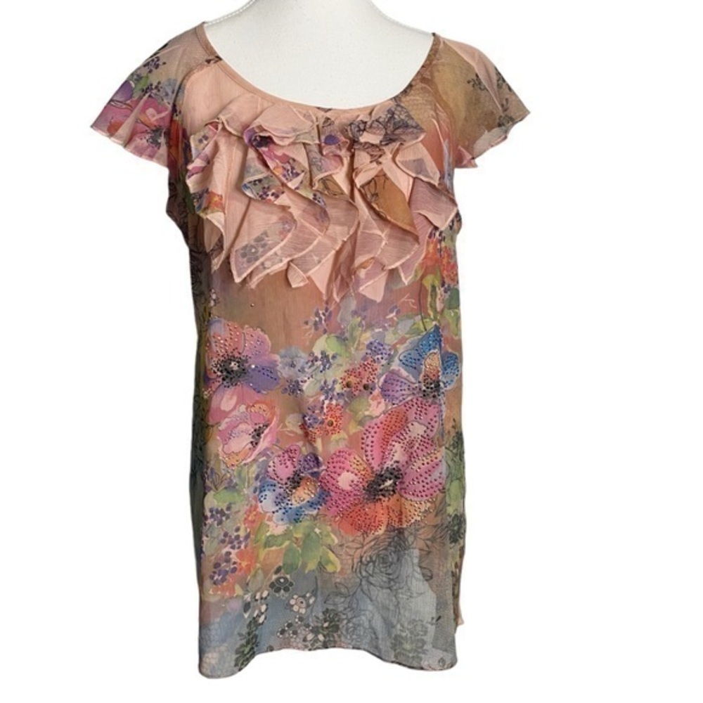 B.L.E.U. Peach Semi Sheer Short Sleeve Floral Print Boho Top with Ruffles
